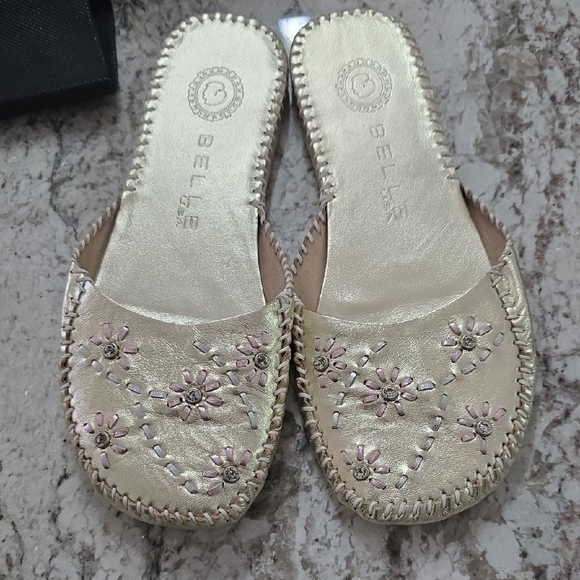 Belle USA Shoes - Elle Gold Leather Mules with Ornate Detailing